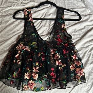 Floral Embroidered Black Sheer Top